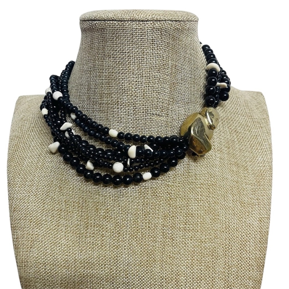 VTG Black & White Multi-Strand Torsade-Style Necklace Brass-Tone Monkey Clasp